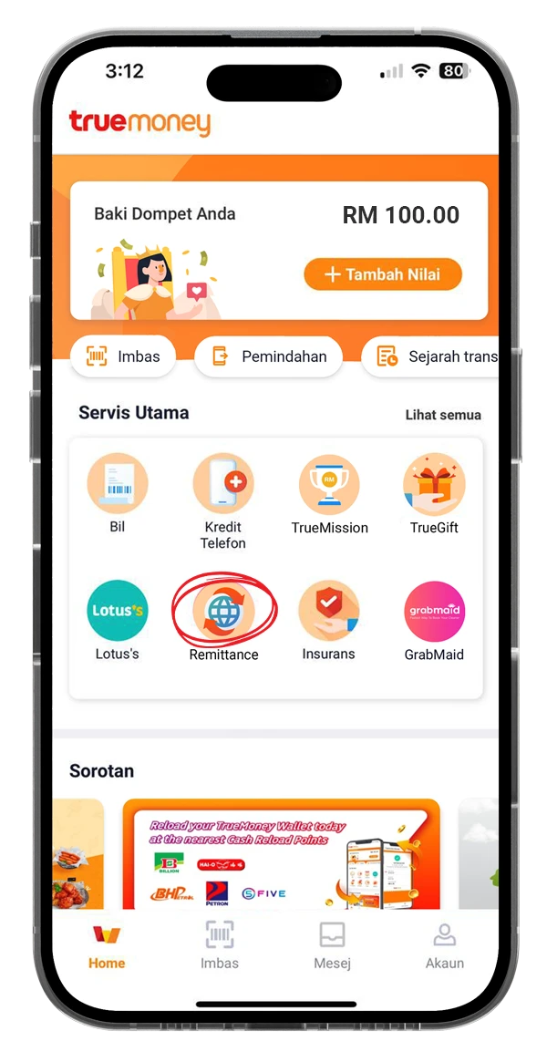 1. Pilih ikon ‘Remittance’  dari laman utama