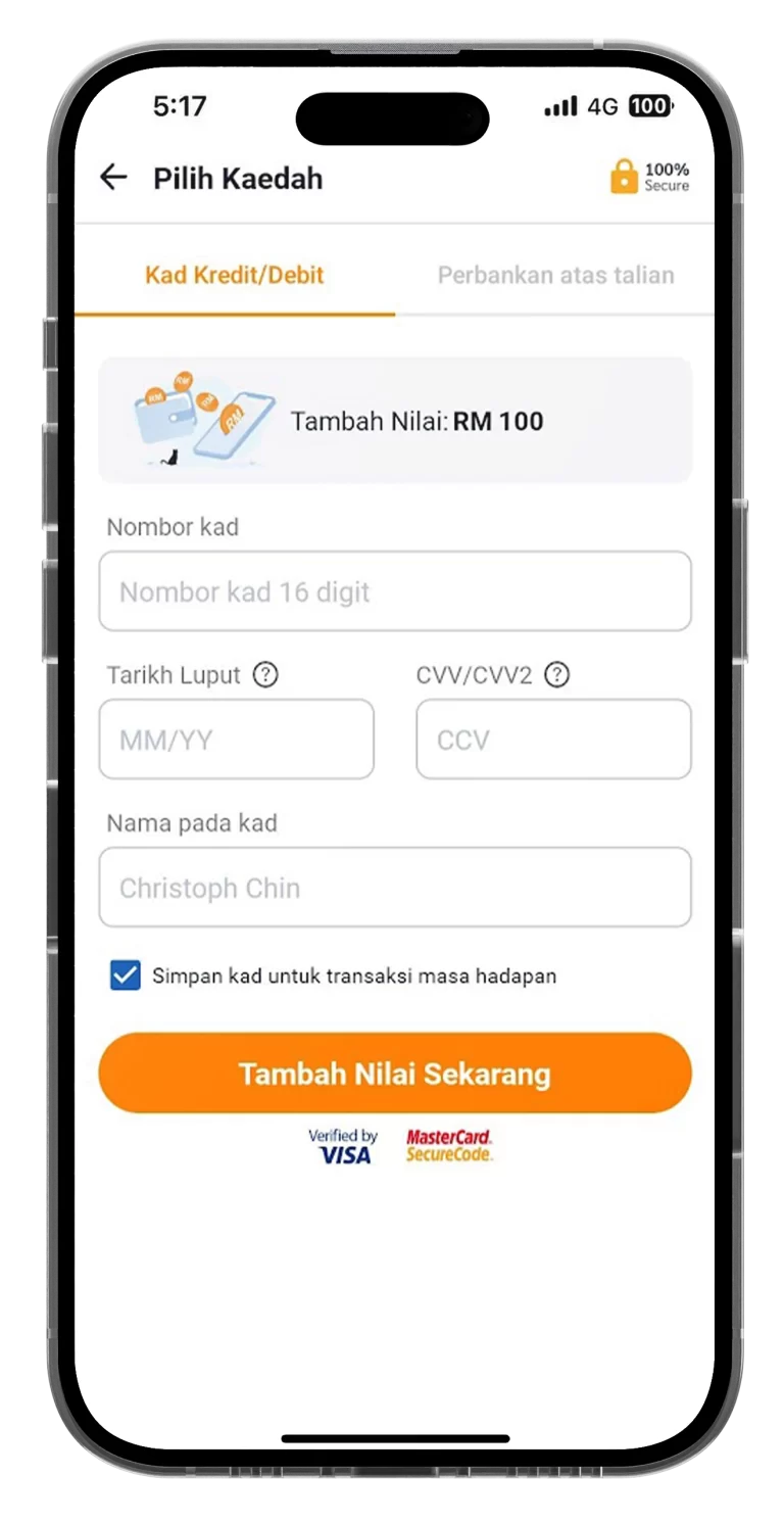 3. Isi maklumat kad kredit/bank untuk teruskan